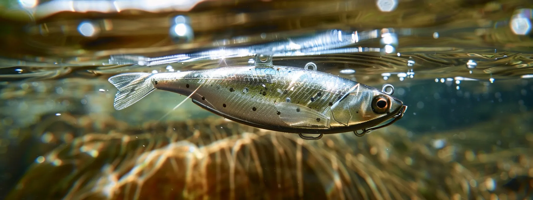 a shimmering silver rapala x rap lure suspended in clear water, reflecting light and ready to attract bass or trout. a shimmering silver rapala x rap lure suspended in clear water, reflecting light and ready to attract bass or trout.