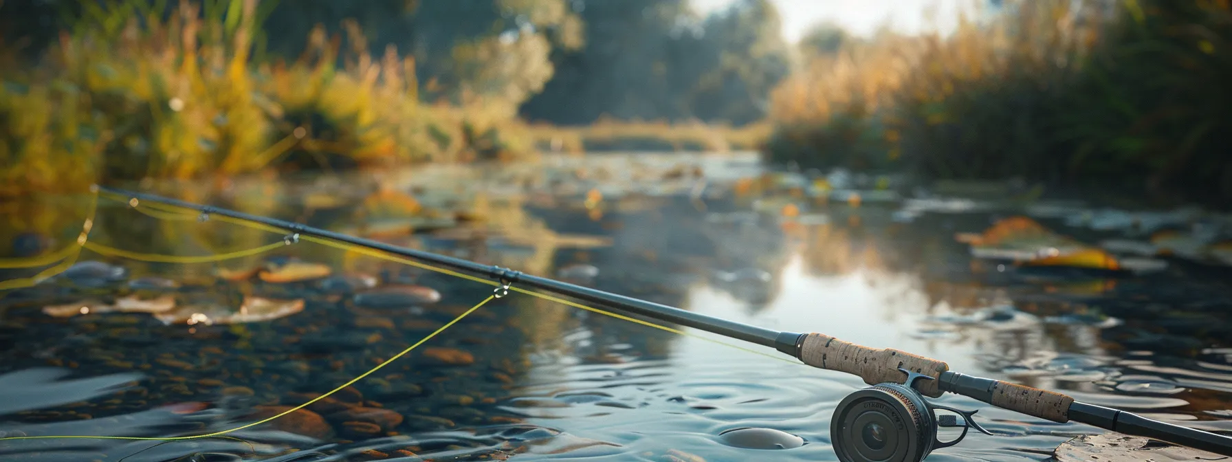 an image of a sleek, graphite fly fishing rod lying against a backdrop of a tranquil river, embodying the essential components and considerations for beginners. an image of a sleek, graphite fly fishing rod lying against a backdrop of a tranquil river, embodying the essential components and considerations for beginners.